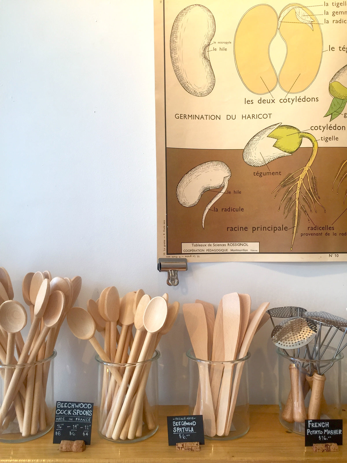 Hand carved French wood spatulas and spoons made from beech wood